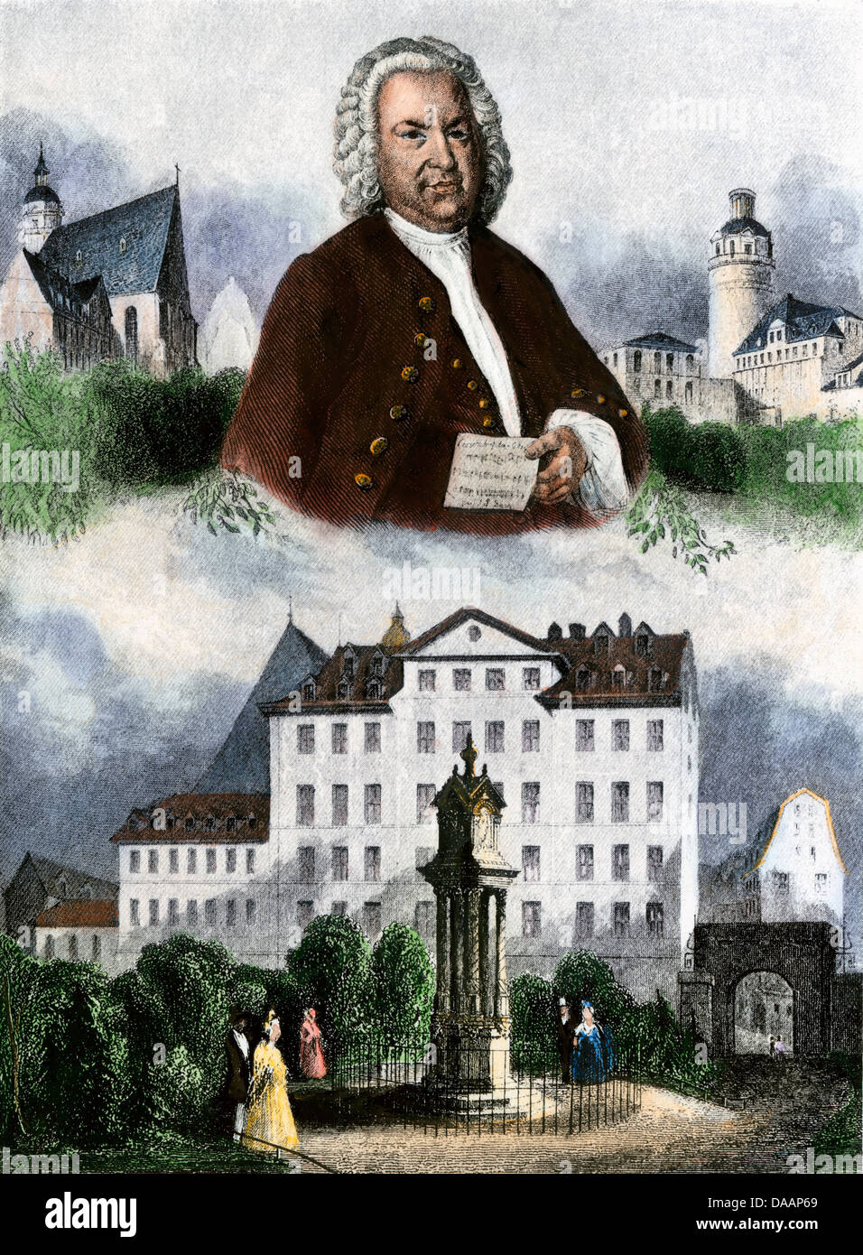 Composer Johann Sebastian Bach, with Thomas Church (upper left), Leipsig Observatory, and Bach Memorial. Hand-colored halftone of an illustration Stock Photo