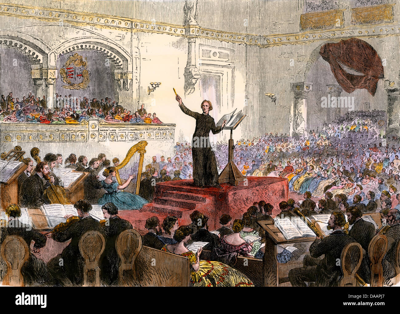 Franz Liszt conducting his new Oratorio at Budapest, Hungary, 1860s. Hand-colored woodcut Stock Photo