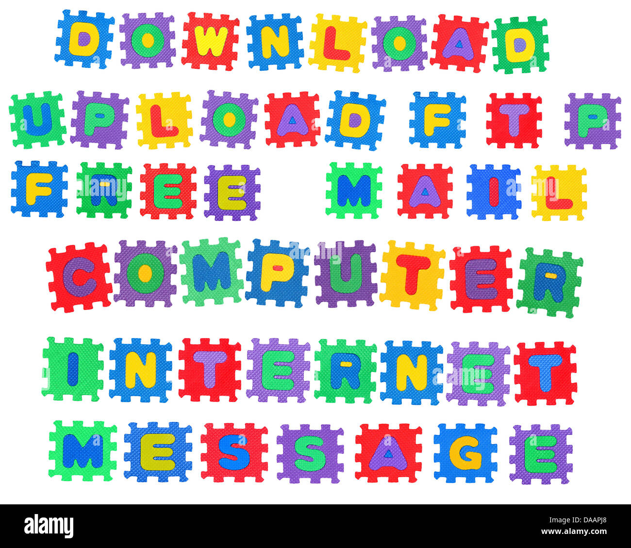 Message  Download, Upload, FTP, Free, Computer, Internet, Message,  from letter puzzle, isolated on white. Stock Photo