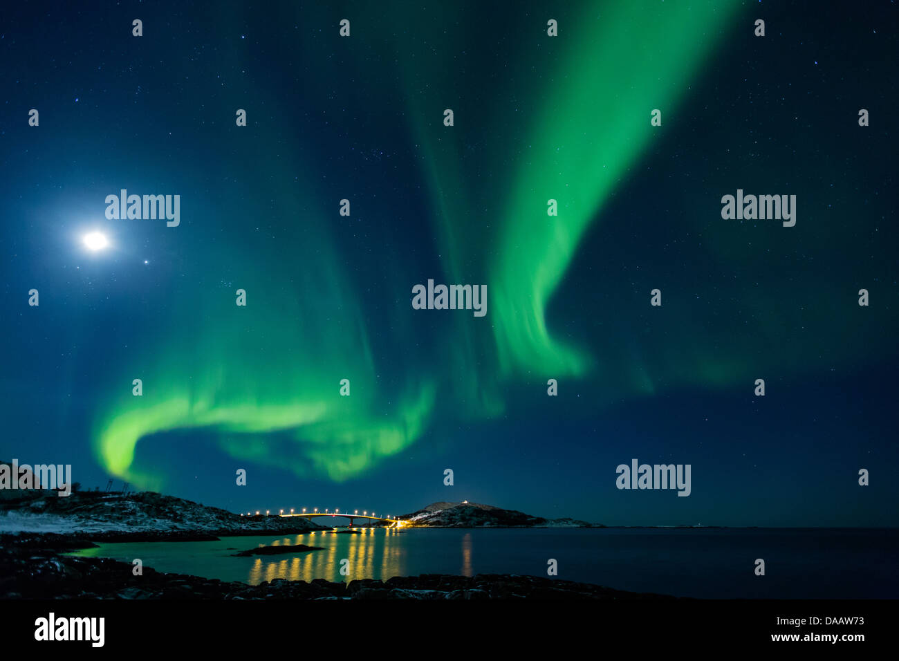 Aurora Borealis Bridge Europe Sea Moon Night Northern Lights Stock Photo Alamy