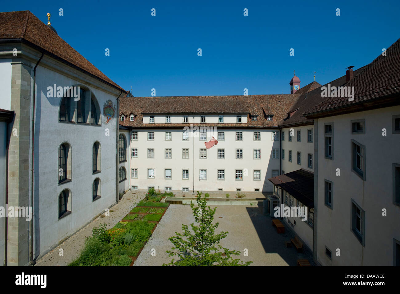 Switzerland, Europe, church, touristical, tradition, Benedictine, cloister, Einsiedeln, canton, Schwyz, courtyard, vegetable gar Stock Photo