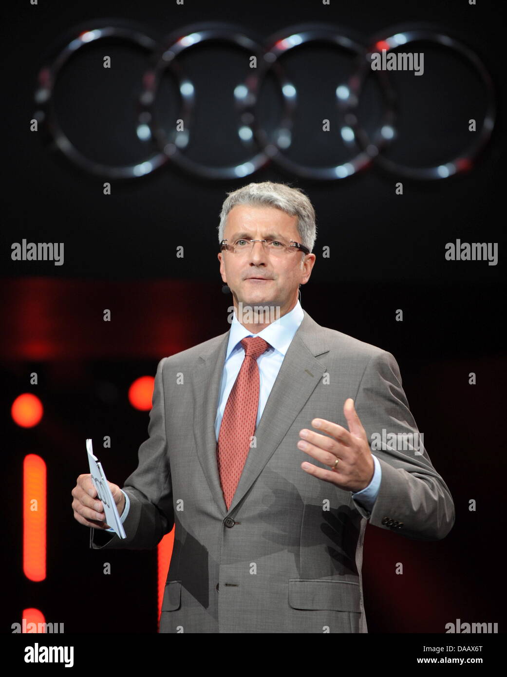 The chairman of the board of car manufacturer Audi AG, Rupert Stadler, speaks during the world premiere of the new Audi urban concept car at the International automobile fair IAA in Frankfurt Main, Germany, 11 September 2011. The IAA is considered the leading fair for the automobile industry. More than 1000 exhibitors from 32 countries are presenting their latest novelties at fair  Stock Photo