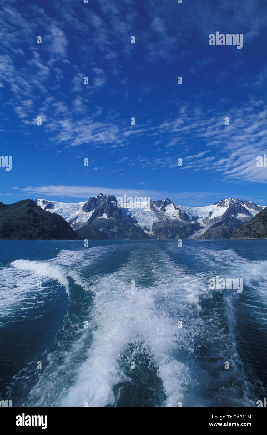 Kenai Fjords, Tour, Fjords, Pribilof Islands, Alaska, USA, water, mountains, frozen, glacier, snow, cold, wake, boat wake, motor Stock Photo