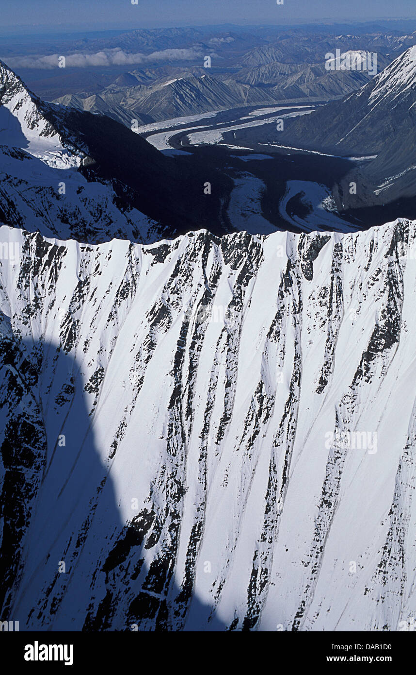 aerial, Alaska Range, Denali, National Park, Preserve, Alaska, USA, cold, mountain, snow, snowcap, cliff, peaks, high, elevation Stock Photo