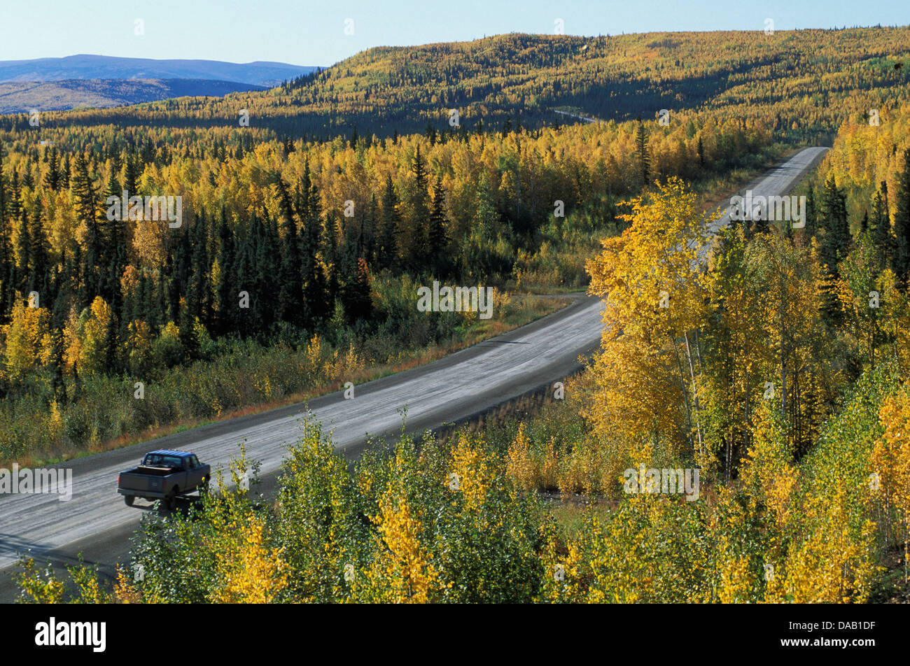White Mountains, BEI, Livengood, Alaska, USA, highway, road, freeway, forest, country, fall, autumn, colorful, truck, pickup Stock Photo