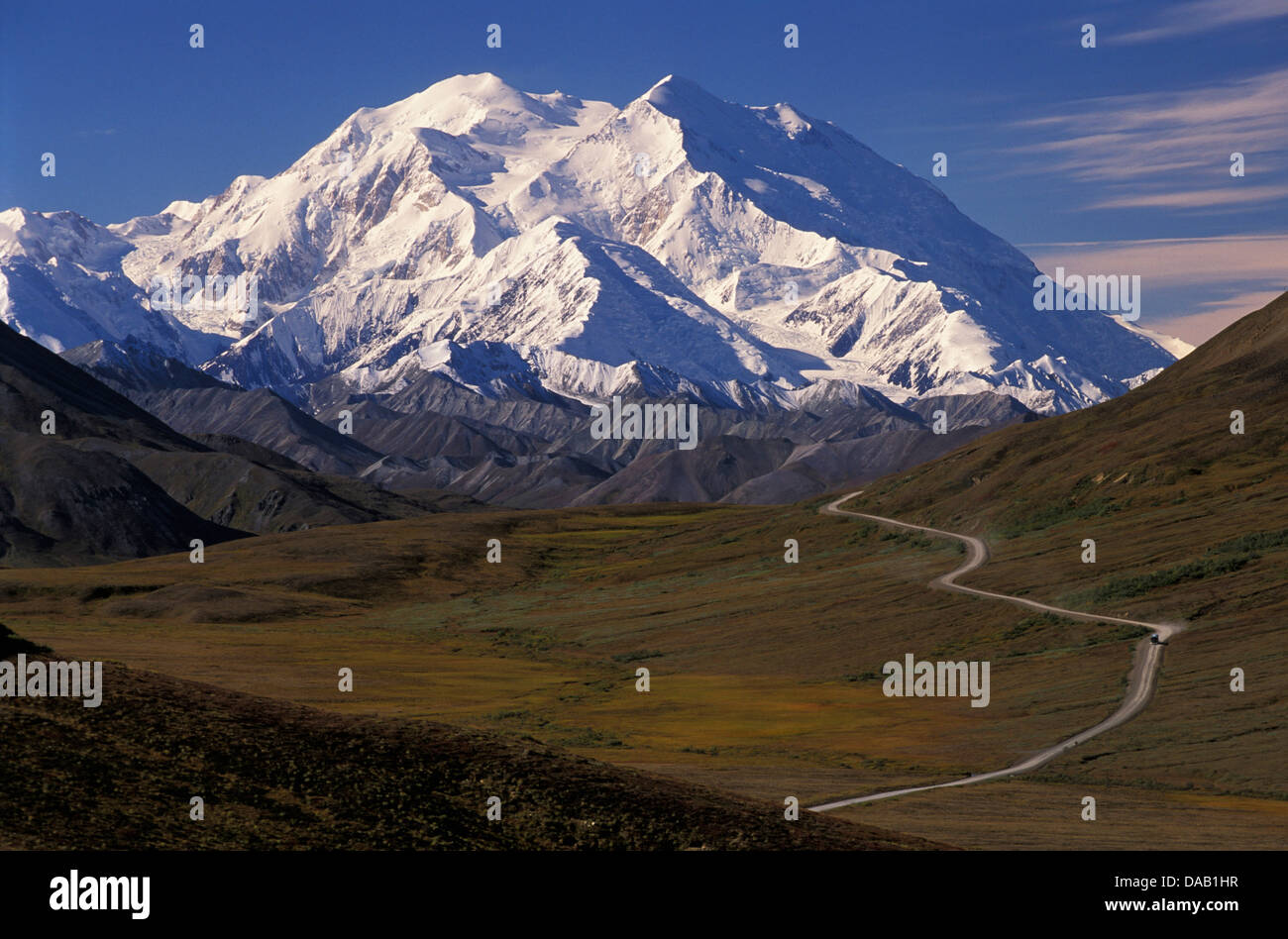 Kantishana Road, Mount McKinley, Denali, Denali, National Park, Preserve, Alaska, USA, Mountain, huge, large, peak, snow, snowca Stock Photo