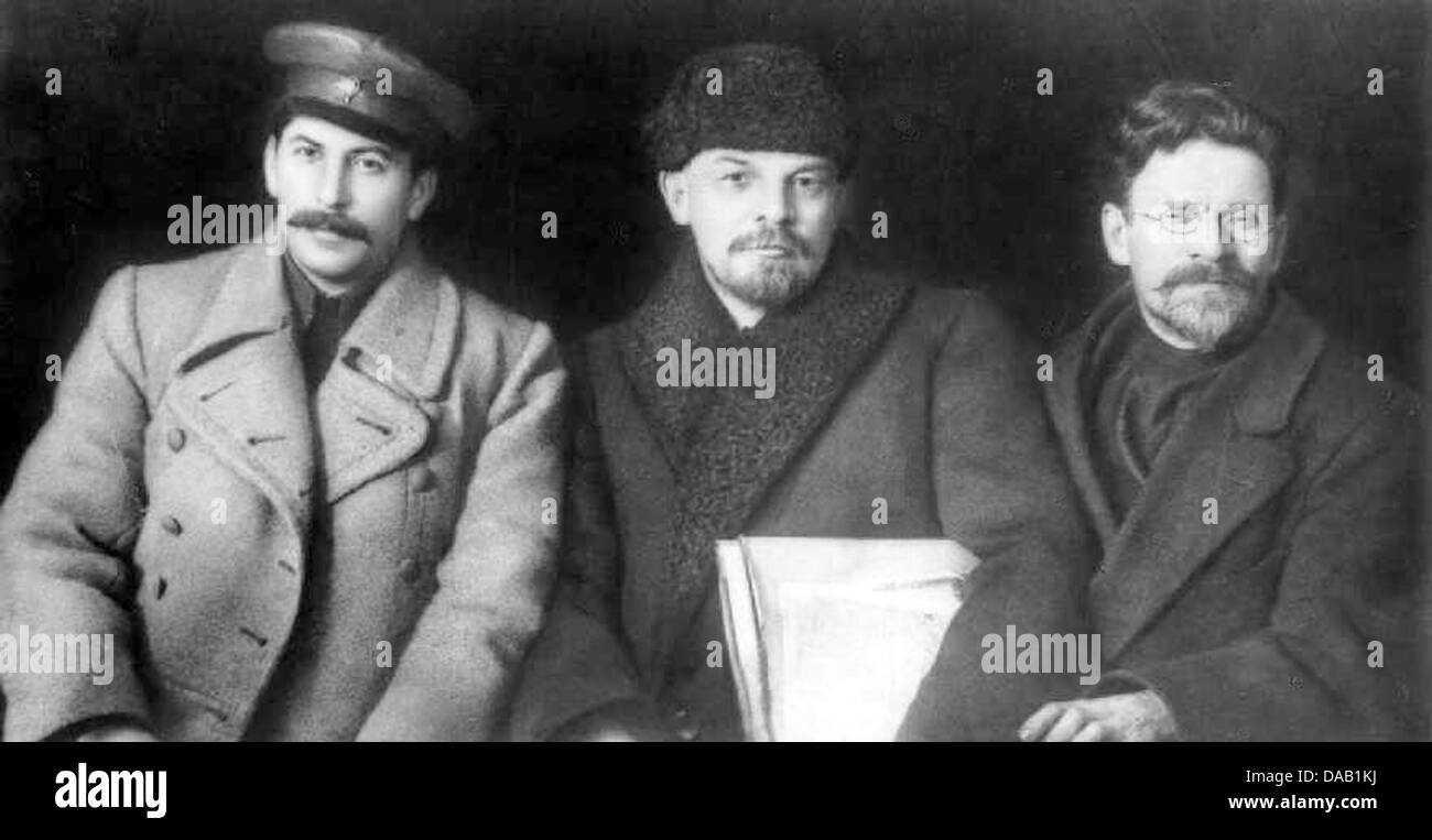 SOVIET LEADERS in 1919. From left, Joseph Stalin, Vladimir Lenin, Mikhail Kalinin Stock Photo