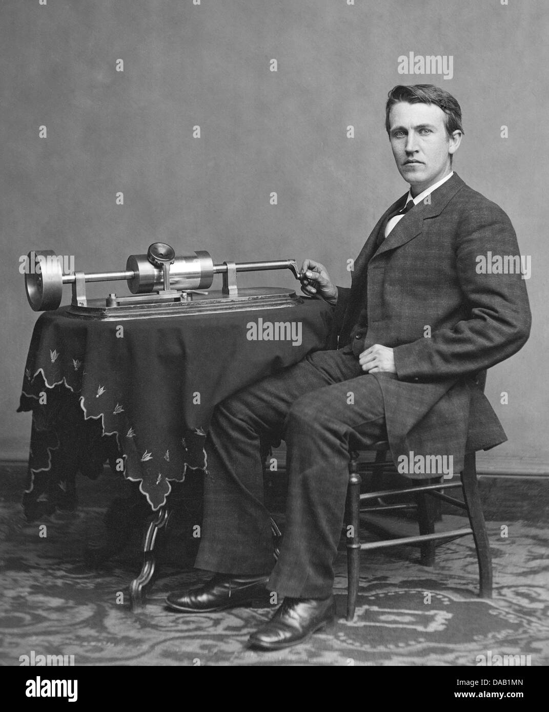 THOMAS EDISON (1847-1931) American inventor with his second phonograph in April 1878. Photo Matthew Brady Stock Photo