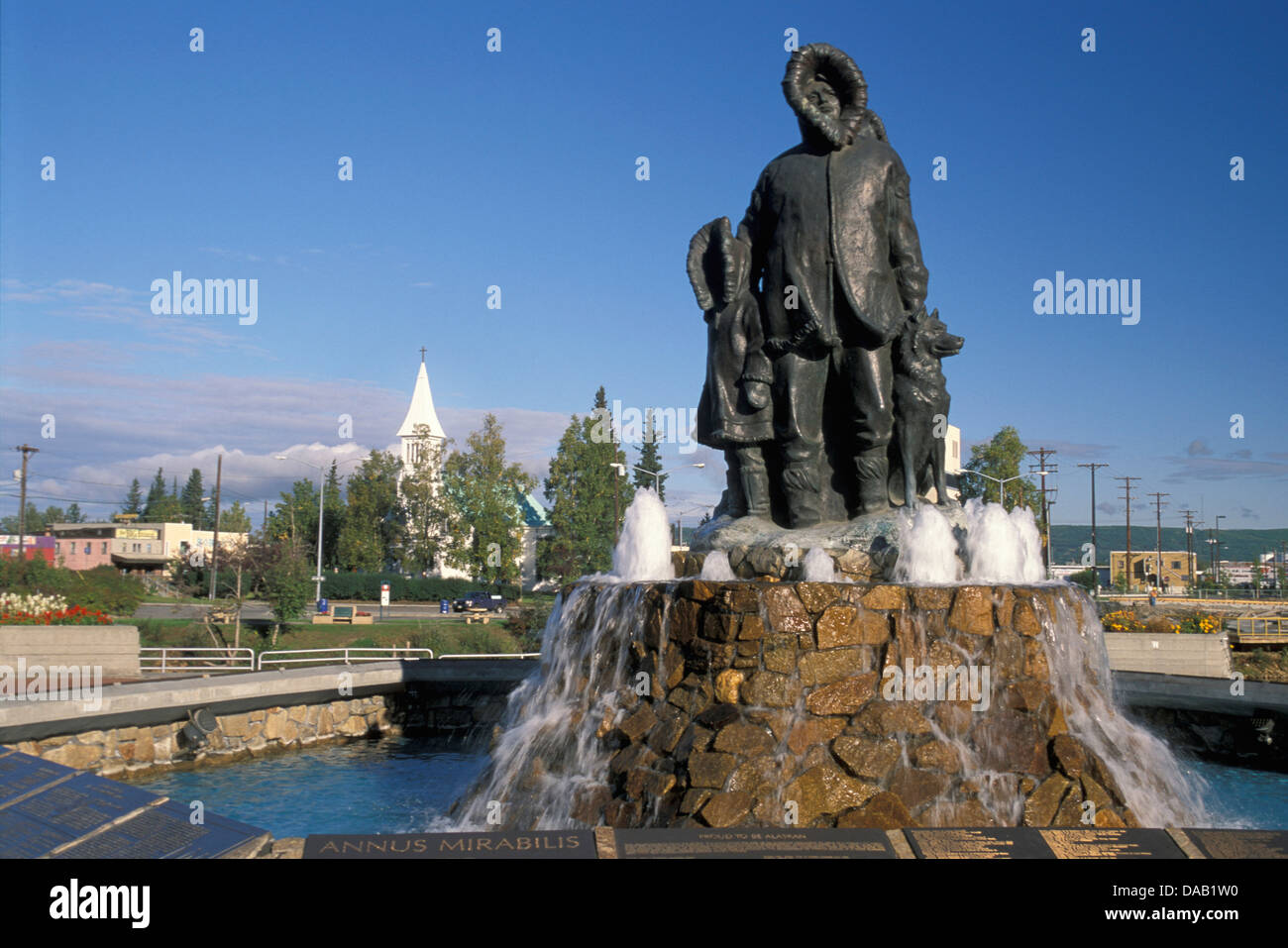 USA, Eskimo, Monument, Downtown Fairbanks, Alaska, USA, statue, water fountain, water well, blue sky, town, power lines, sunny, Stock Photo