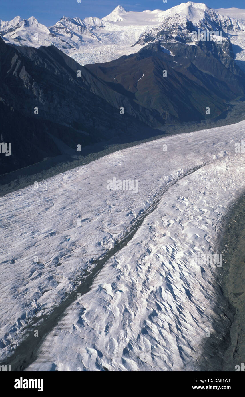 Root Glacier, Wrangell, Mountains, Wrangell, St. Elias, National Park, McCarthy, Alaska, USA, ice, snow, mountains, blue sky, su Stock Photo