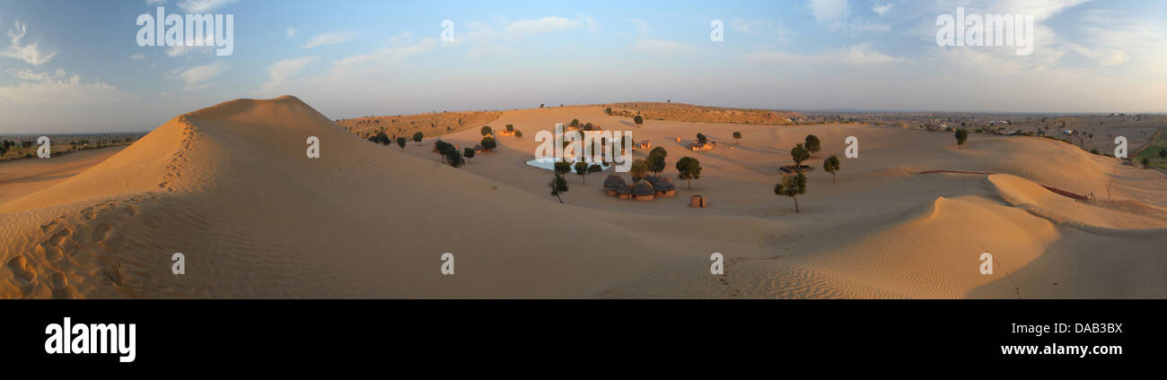 Desert, sand, sand dune, Khimsar, Thar, desert, sunrise, lake, oasis, huts, straw hut, quiet, lonely, hotel, Khimsar, sand dunes Stock Photo
