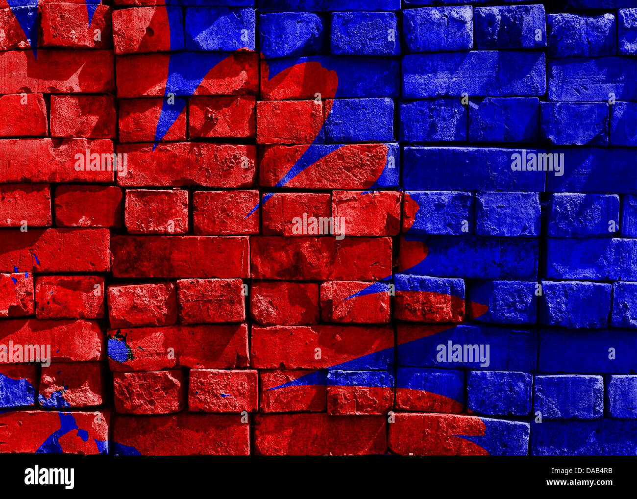 blue red painted brick wall artwork art Stock Photo