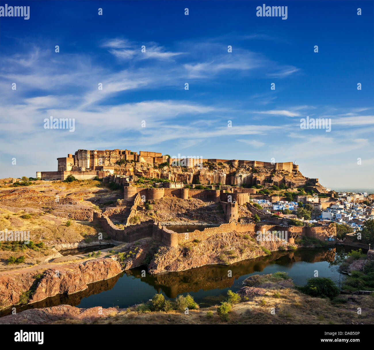 Mehrangarh Fort and Padamsar Talab and Ranisar Talab lakes, Jodhpur, Rajasthan, India Stock Photo