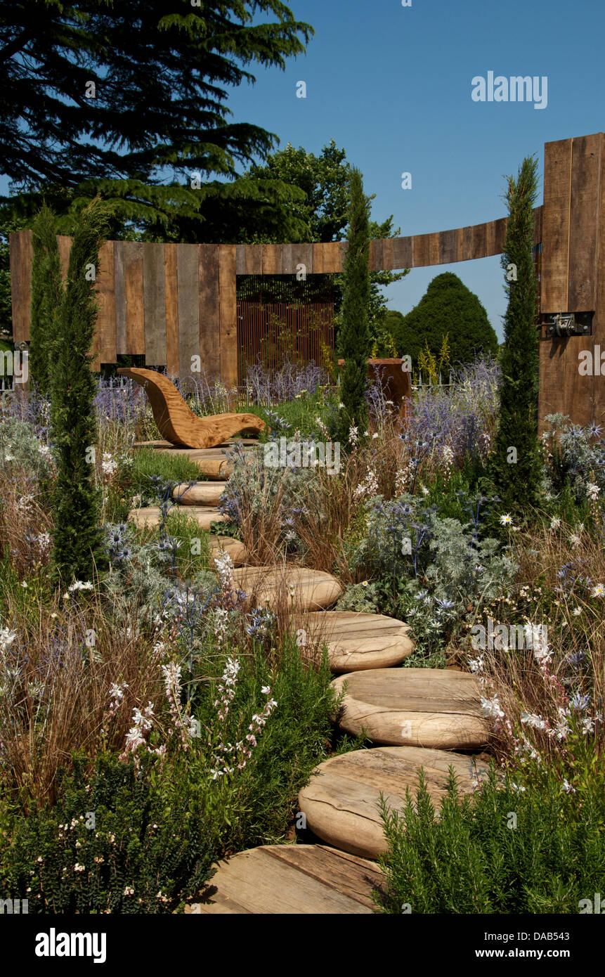 Hampton Court, UK. 8th July 2013. A Room with a View Garden at RHS Hampton Court Palace Flower Show 2013 on Press Day, Monday 8th July 2013 in London, UK. The Gold medal winning garden was designed by Mike Harvey for the Low Cost High Impact Category. Credit:  Miriam Heppell/Alamy Live News Stock Photo