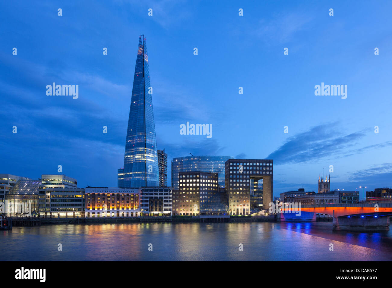 London cityscape-the Shard,London Bridge hospital and office building on the South Bank at night,England Stock Photo