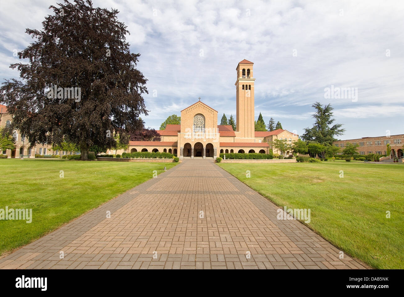 Brick Pathway to Mount Angel Abbey Roman Catholic Church Entrance in St Benedict Oregon Stock Photo