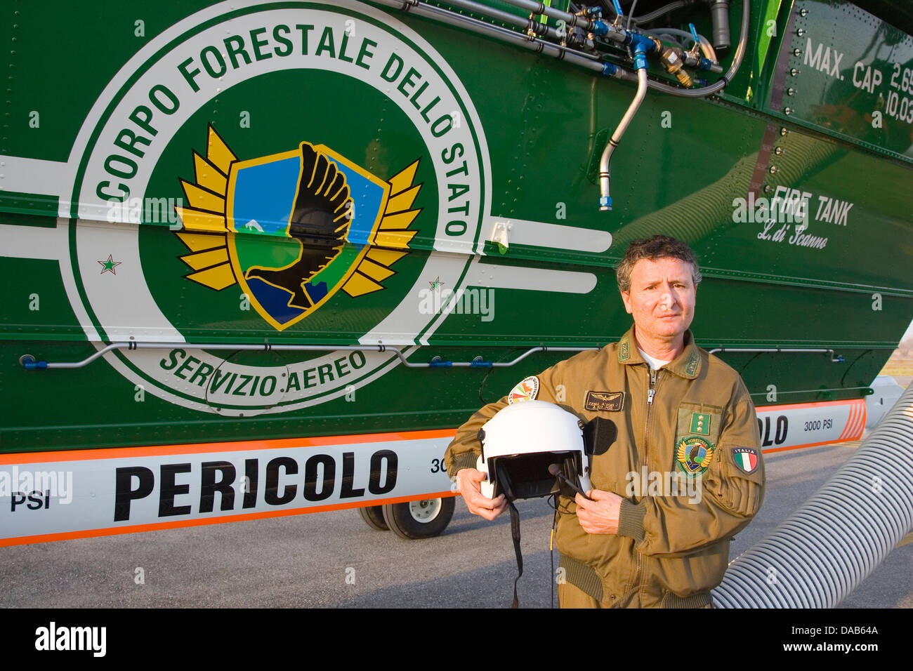 Europe, Italy, Tuscany, Lucca, Tassignano airport, helicopter Erickson air-crane S-64, italian forest department, pilot Stock Photo