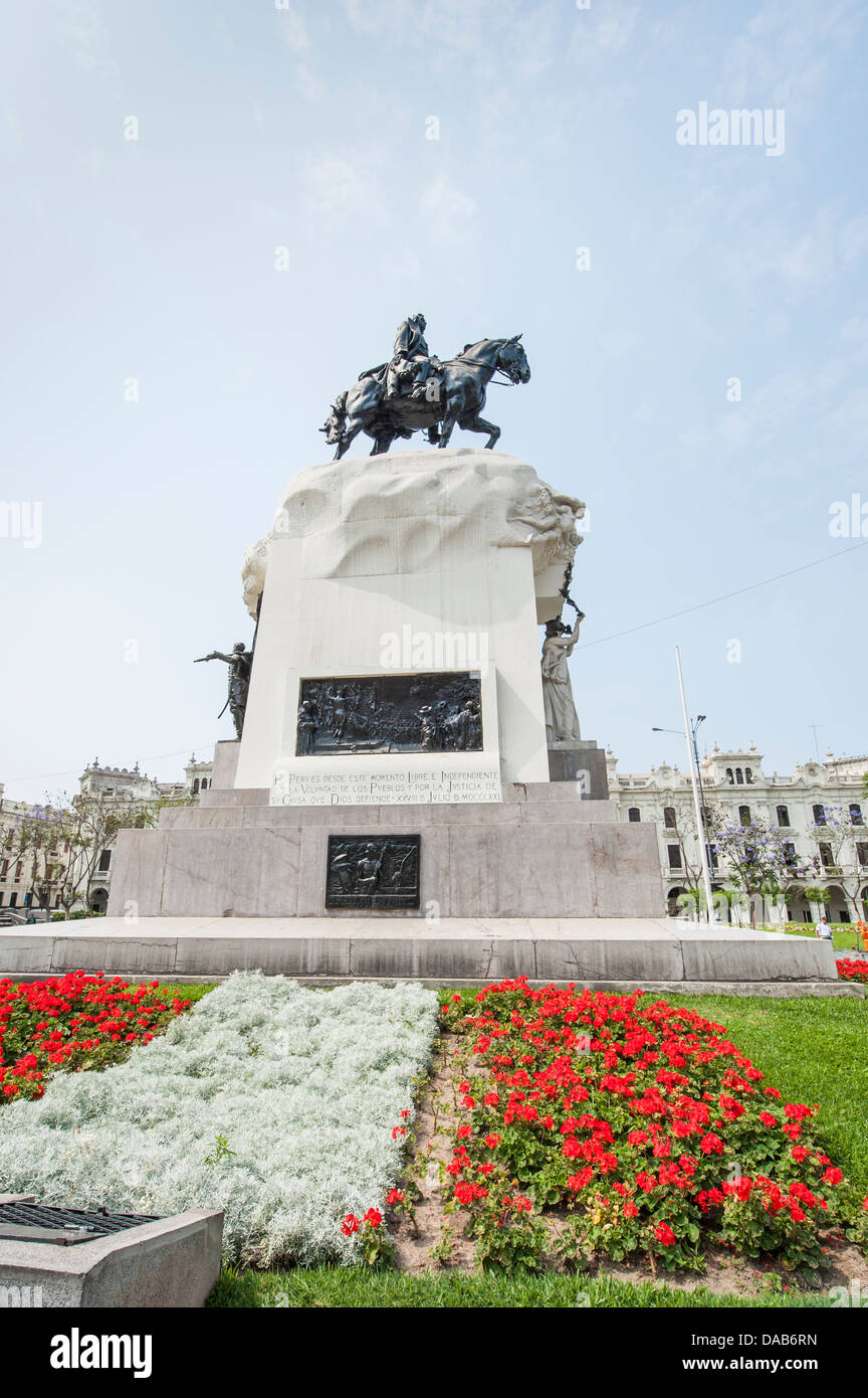 Monument to Jose de San Martín on horse in Plaza San Martín gardens square downtown, Lima, Peru. Stock Photo