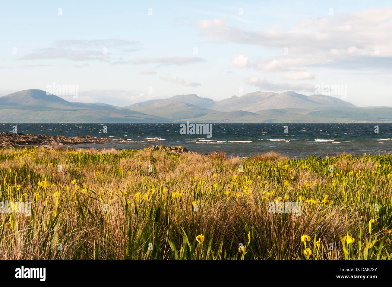 View of the hills of Arran looking across the Kilbrannan Sound from Kintyre Stock Photo