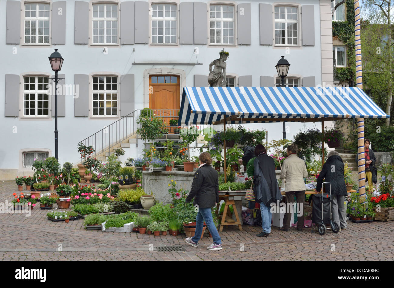 Flower market outside the Gemeinde in Dorfplatz, Arlesheim, Basel-Landschaft, Switzerland Stock Photo