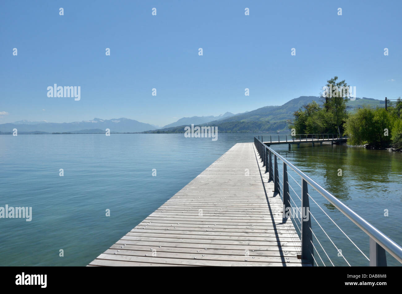 Wooden causeway on Lake Zurich near Wädenswil, Switzerland Stock Photo