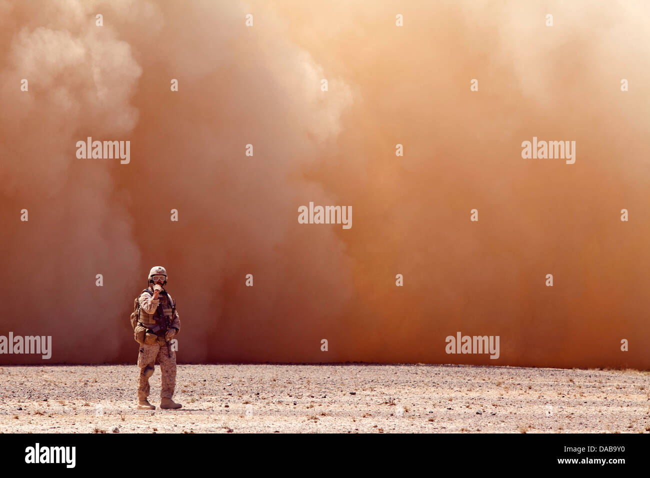 A US Marine lost in a cloud of dust signals Georgian soldiers assigned to the 33rd Light Infantry Battalion to the helicopter extraction point during Operation Northern Lion II July 3, 2013 in Helmand province, Afghanistan. Stock Photo