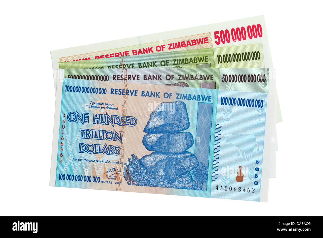 Zimbabwe currency. The high numbers reflect runaway inflation in the country Stock Photo