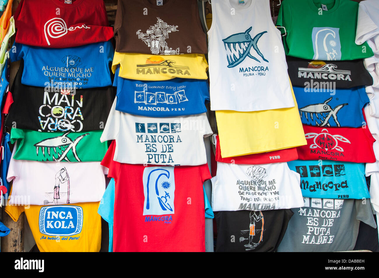 Souvenirs t shirts shirt clothes clothing in local market in Mancora, Peru. Stock Photo