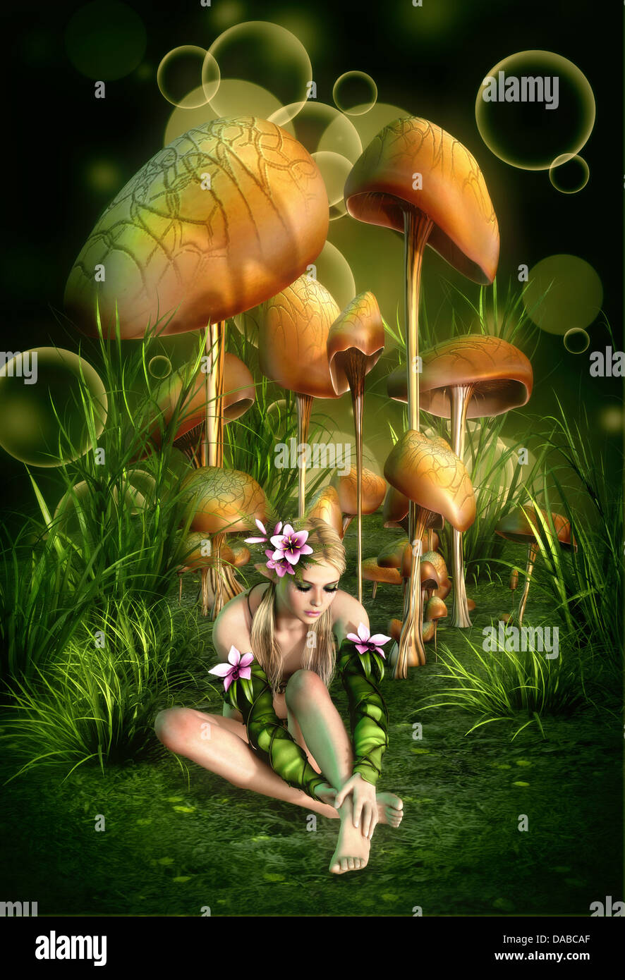 3d computer graphics of a fairy, who's sitting in the grass Stock Photo