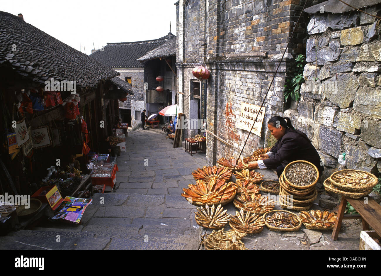 A Chinese fishmonger selling salted and dried fish in the Tujia settlement of Furong zhen village an old town elevated to fame in the 1986 film Hibiscus Town located in Yongshun County, Xiangxi Prefecture, Hunan province China Stock Photo