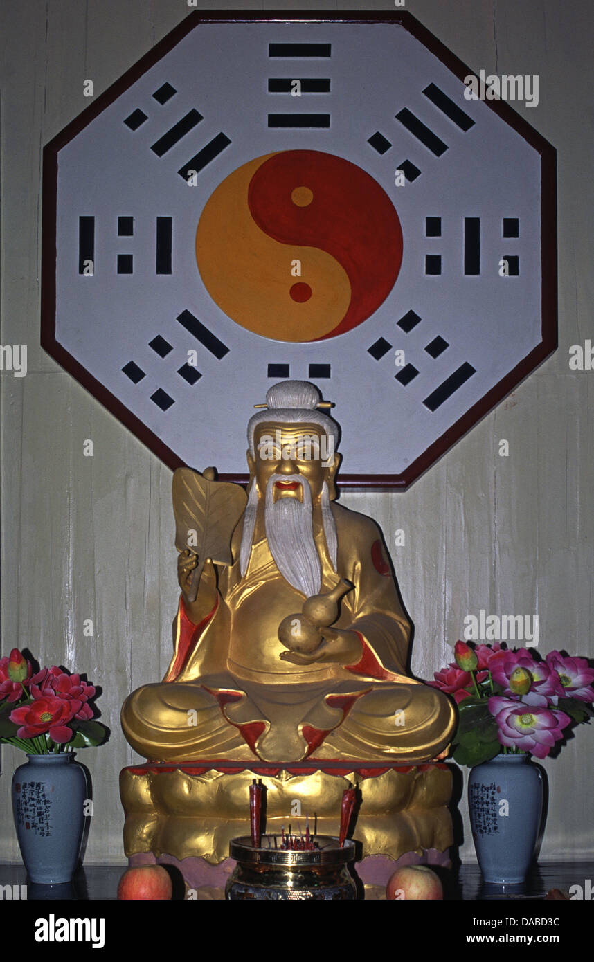 Taoist altar with Bagua diagram in background inside Changchun temple Wuhan city Hubei province China Stock Photo