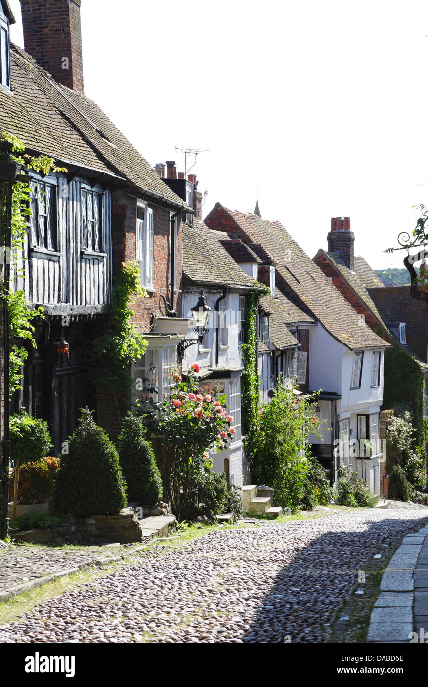 The steep and narrow picturesque cobbled Mermaid Street, in the ancient Cinque Port town of Rye, East Sussex, England, United Kingdom, UK, Britain, GB Stock Photo