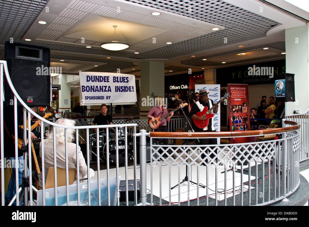Musicians performing live on Opening day of the 2013 Blues Bonanza inside the Wellgate Shopping Mall in Dundee, UK Stock Photo