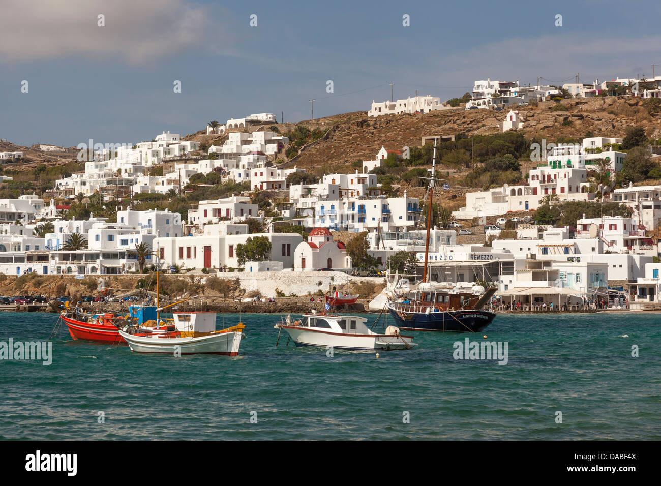 View of the harbour and waterside homes, Chora, Mykonos Town, Mykonos ...