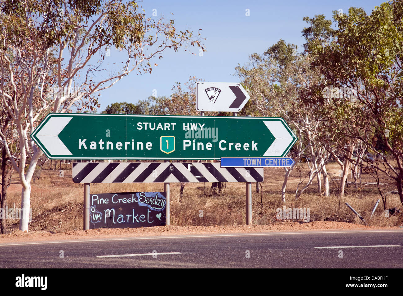 sign for katherine or pine creek on the stuart highway northern territory,australia Stock Photo