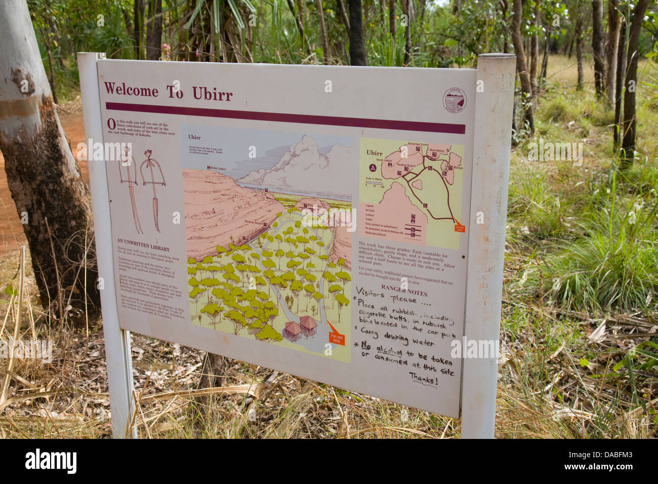 Welcome to Ubirr art site information board, Kakadu National Park Northern Territory,Australia Stock Photo