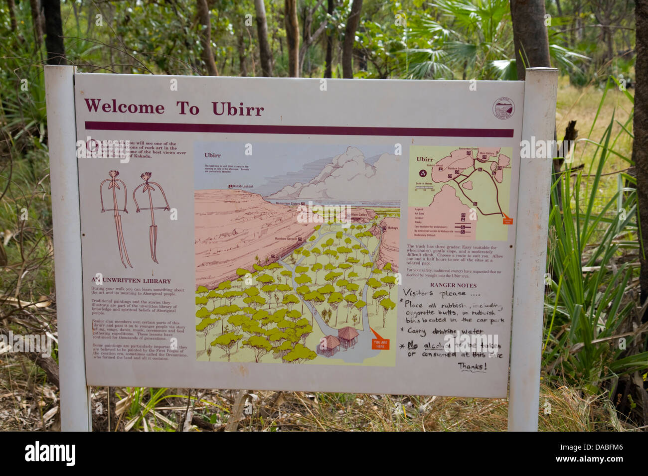 Welcome to Ubirr art site information board, Kakadu National Park Northern Territory,Australia Stock Photo