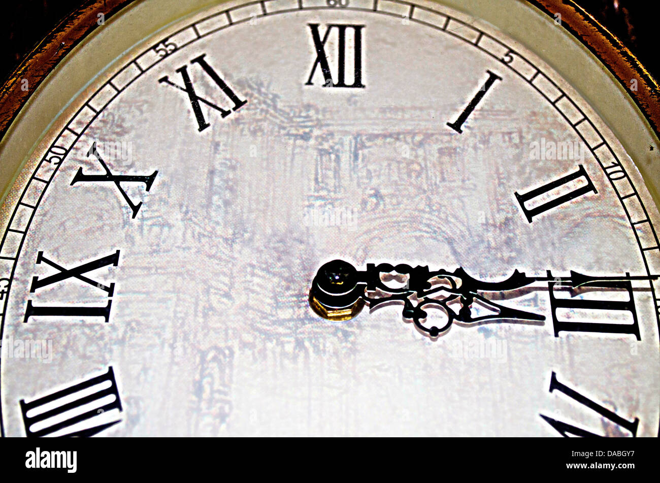 The vintage classic clock hang on the wall. Stock Photo