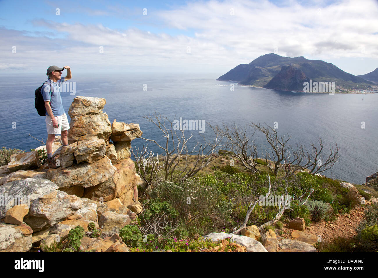 A hiker pauses along the Chapman's Peak section of the Hoerikwaggo Trail, in Table Mountain National Park, South Africa. Stock Photo
