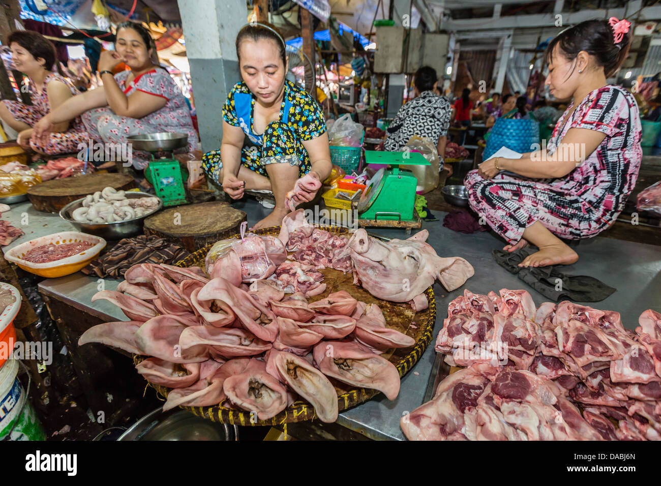 Fresh pig's ears and head for sale at market at Chau Doc, Mekong River Delta, Vietnam, Indochina, Southeast Asia, Asia Stock Photo