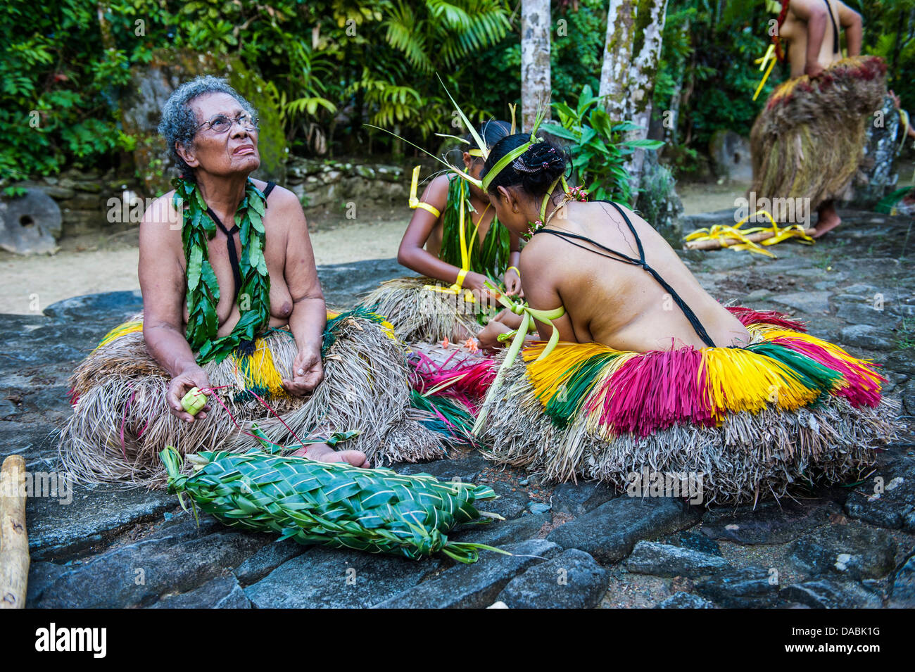 Local islanders practising traditional art work, Island of Yap, Federated States of Micronesia, Caroline Islands, Pacific Stock Photo