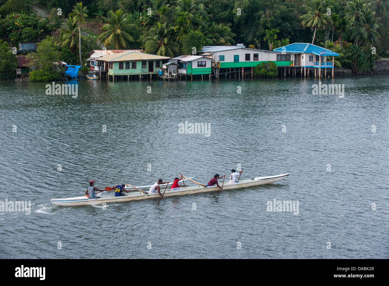 Local people training for the rowing championship on the island of Yap, Federated States of Micronesia, Caroline Islands Stock Photo