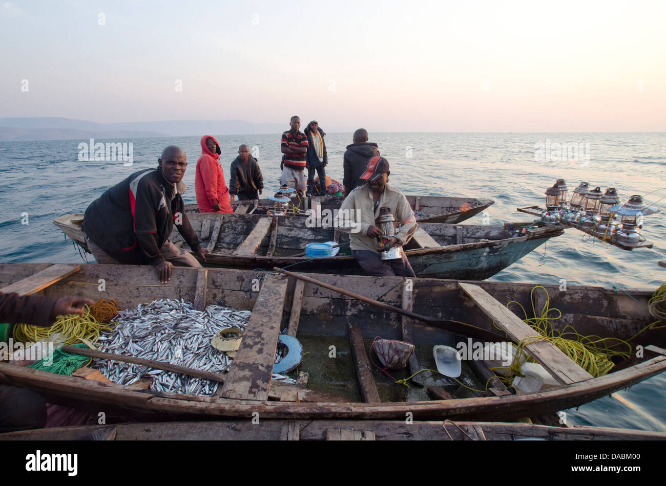 Fishermen on Lake Tanganyika early morning fishing for cichlids to sell in the local fish market, Zambia, Africa Stock Photo