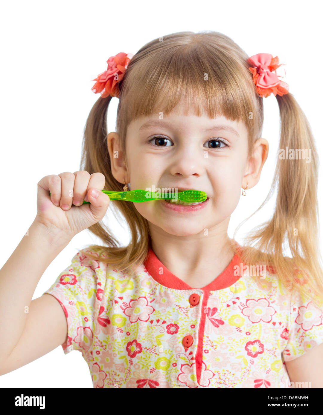 child girl cleaning teeth , isolated on white background Stock Photo