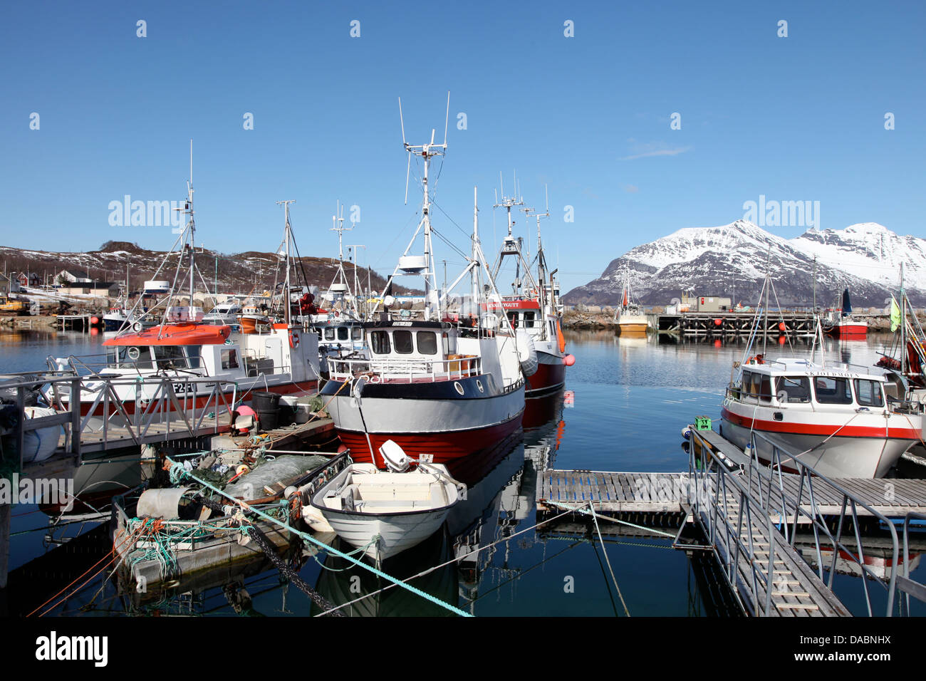 Fishing boats in Tomvik harbour, Kvaloya (Whale Island), Troms, Arctic Norway, Scandinavia, Europe Stock Photo