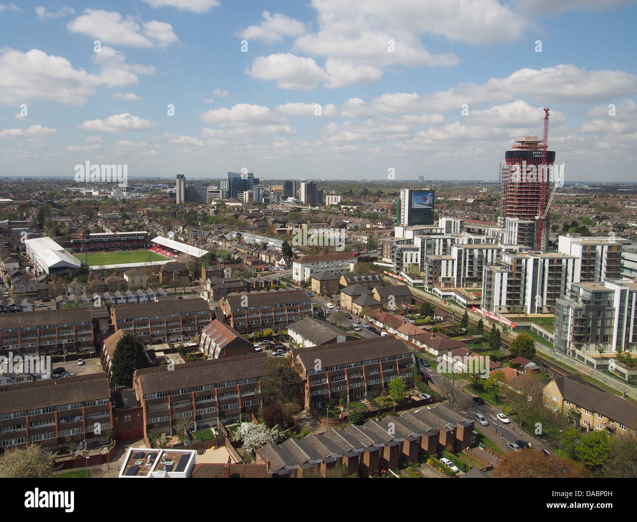 Aerial photo of Brentford showing Griffin Park football ground and Great West Quarter Stock Photo