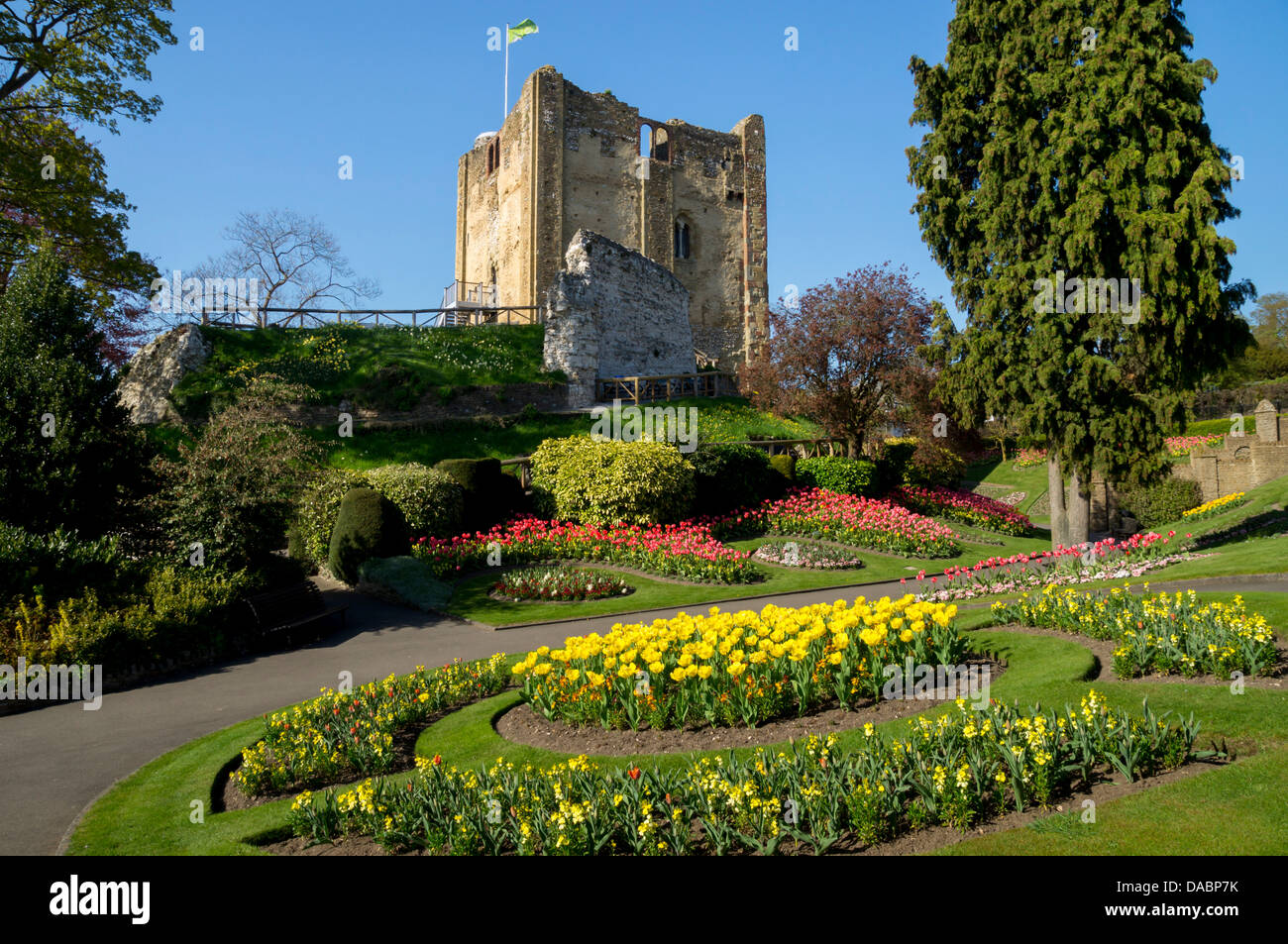 Spring flowers in ornamental beds decorate Guildford Castle, Guildford, Surrey, England, United Kingdom, Europe Stock Photo