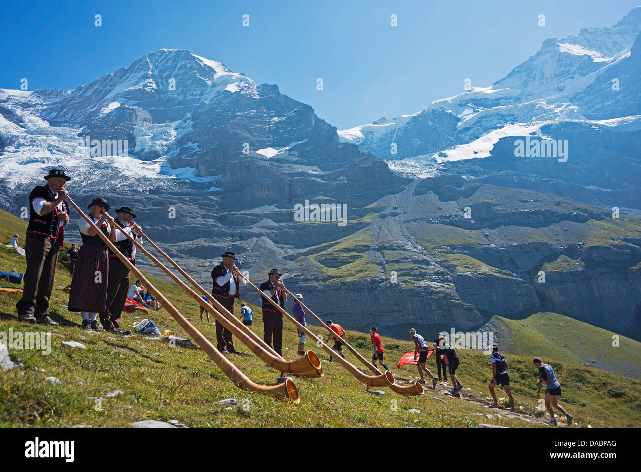 Swiss horn players, Jungfrau marathon, Bernese Oberland, Switzerland, Europe Stock Photo