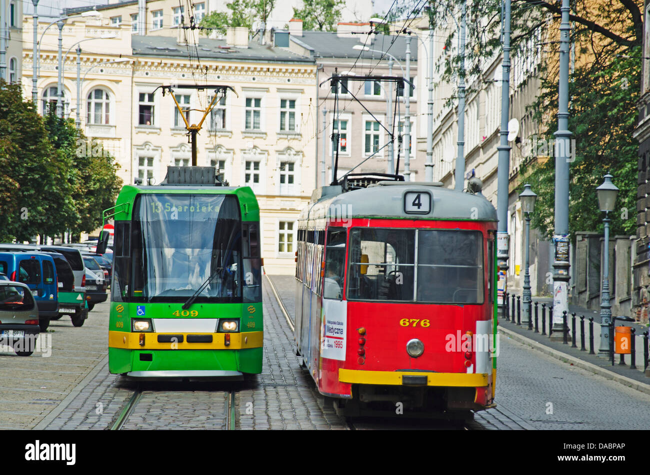 Street trams, historic old town, Poznan, Poland, Europe Stock Photo