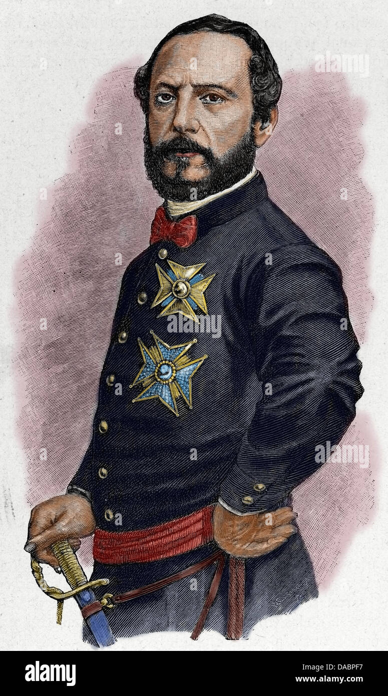Juan Prim (1814-1870). Spanish political and military. Engraving in Universal History, 1885. Colored. Stock Photo